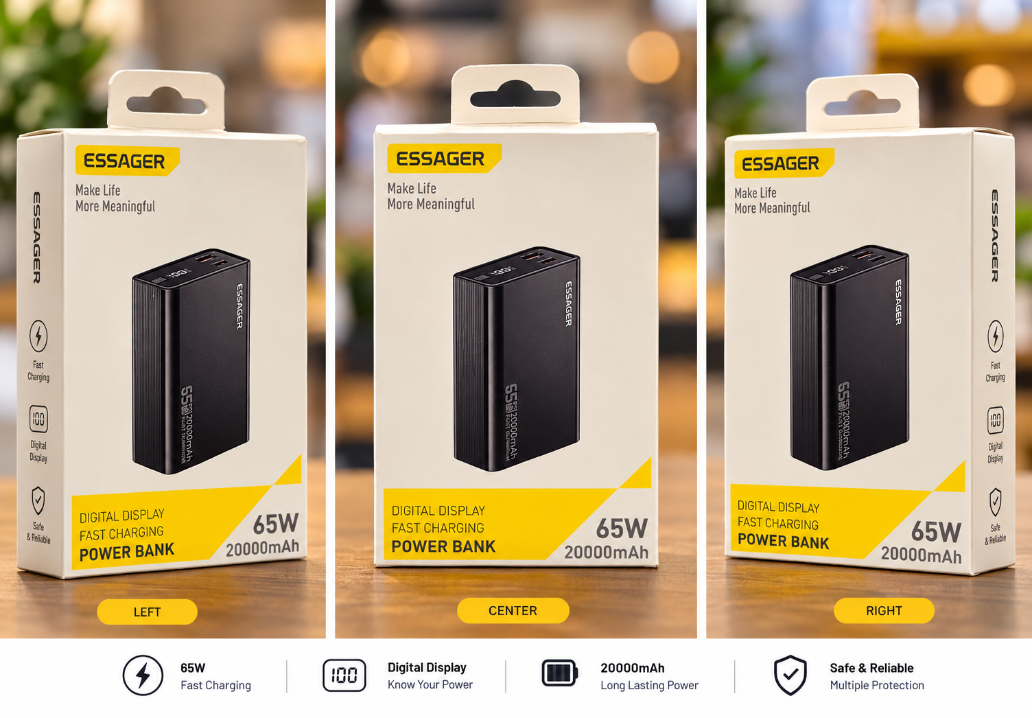 Essager 65W Power Bank 20000mah Fast Charging Portable Battery Charger 3 Output Ports