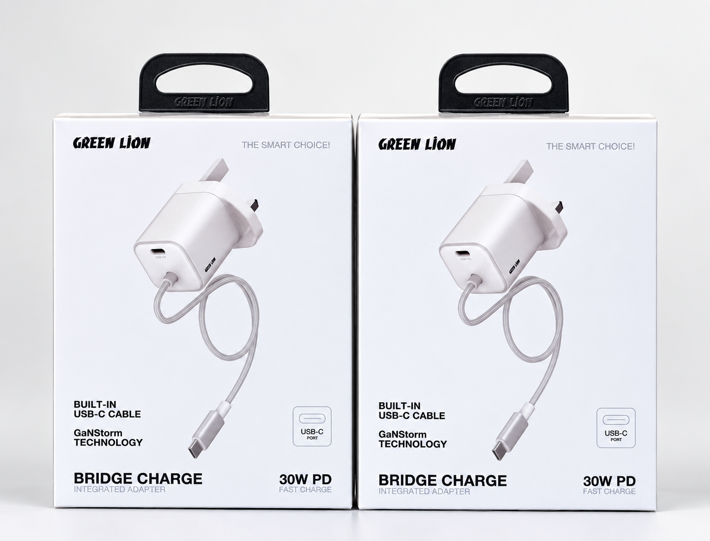 Green Lion Bridge Charge 30W GaN Adapter with Built-In USB-C Cable