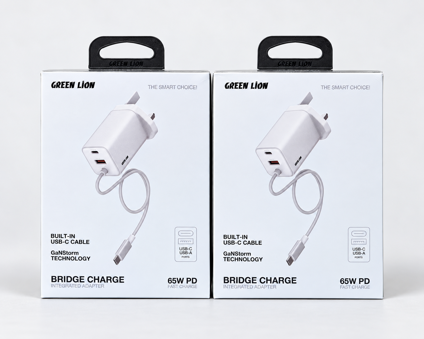 Green Lion Bridge Charge 65W GaN Adapter with Built-In USB-C Cable