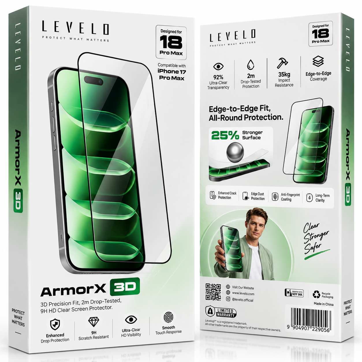 Levelo ArmorX 3D 9H Screen Protector For iPhone 18 Pro and 18 Pro Max Clear