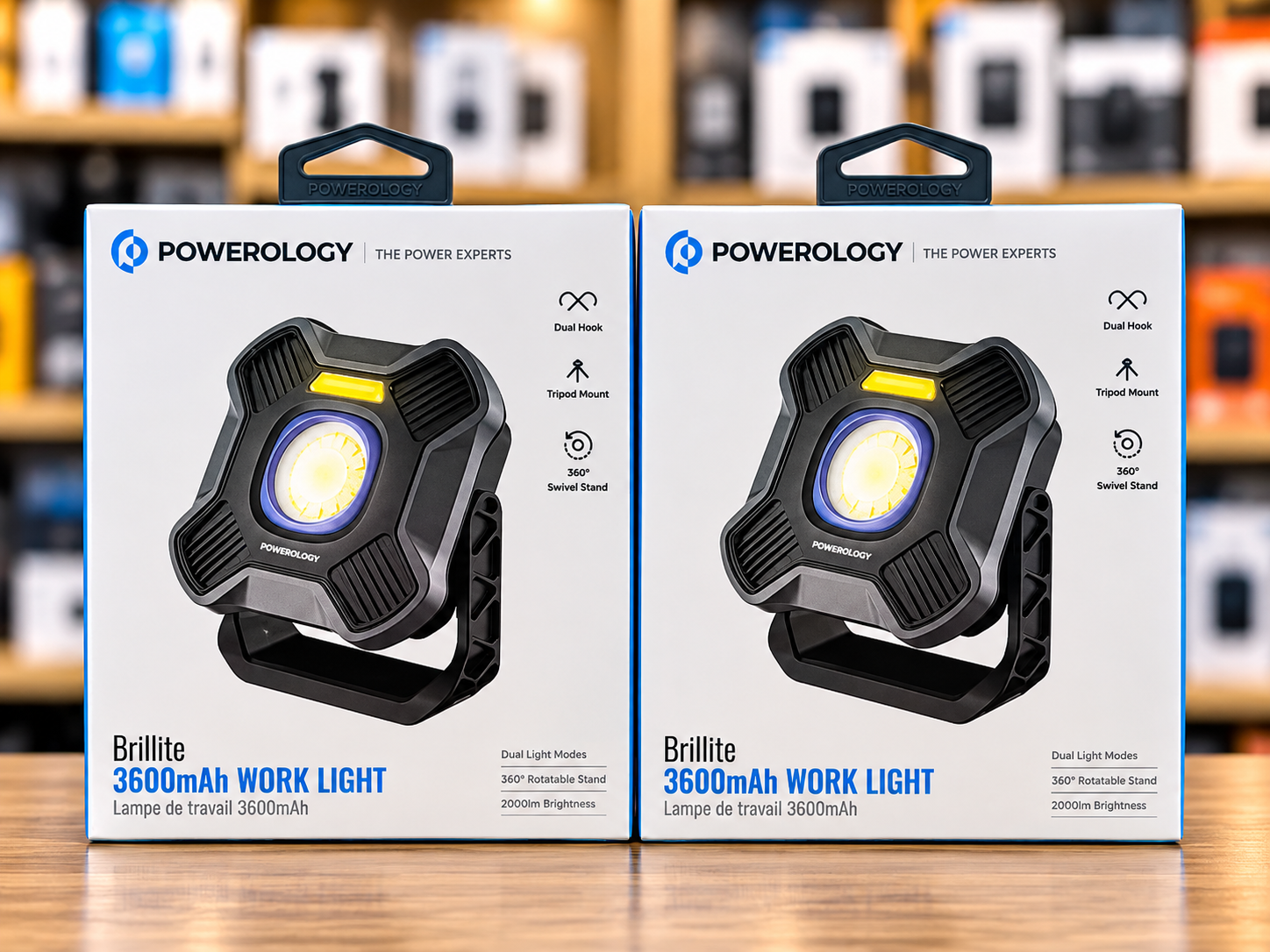 Powerology Brillite 3 Mode Work Light with 3600mah Battery, 2000lm brightness, 360 degree swivel stand